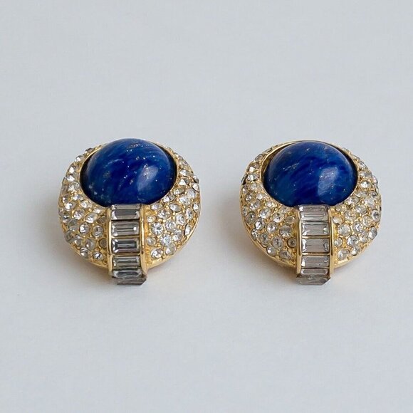 Vintage Christian Dior Earrings Faux Blue Lapis Lazuli Pave Rhinestone Gold Tone - Picture 3 of 13